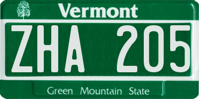 VT license plate ZHA205