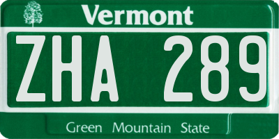 VT license plate ZHA289