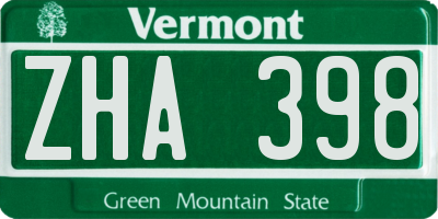 VT license plate ZHA398