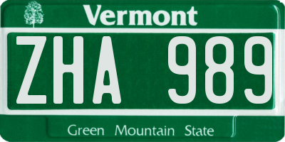 VT license plate ZHA989