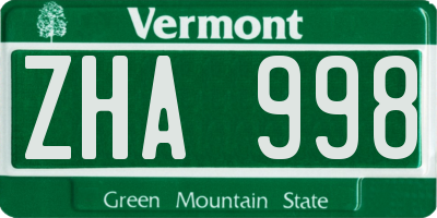 VT license plate ZHA998