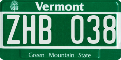 VT license plate ZHB038