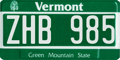 VT license plate ZHB985