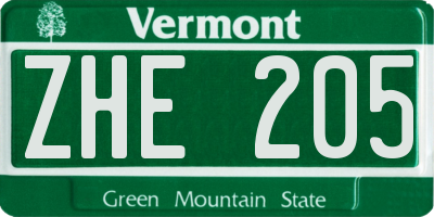 VT license plate ZHE205