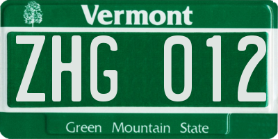 VT license plate ZHG012