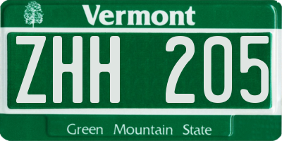 VT license plate ZHH205