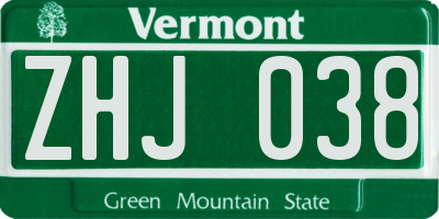 VT license plate ZHJ038