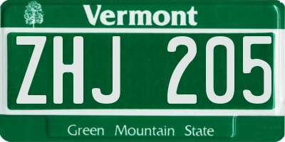 VT license plate ZHJ205