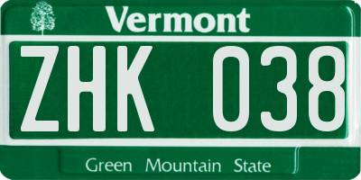 VT license plate ZHK038