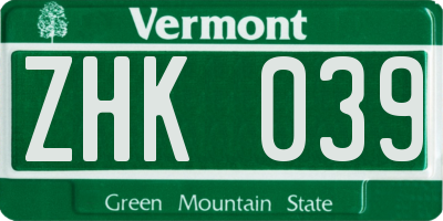 VT license plate ZHK039