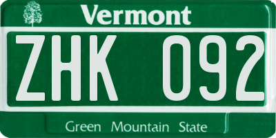 VT license plate ZHK092