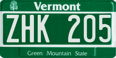 VT license plate ZHK205