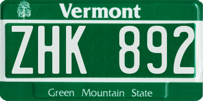 VT license plate ZHK892
