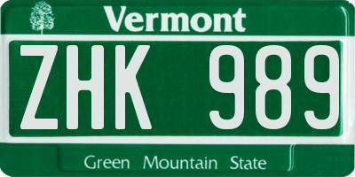 VT license plate ZHK989