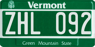VT license plate ZHL092