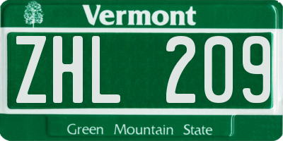 VT license plate ZHL209