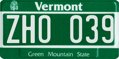 VT license plate ZHO039