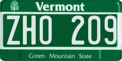 VT license plate ZHO209