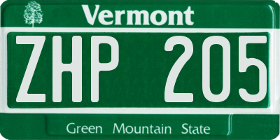 VT license plate ZHP205