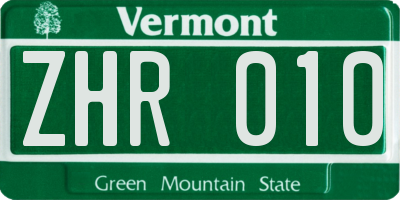 VT license plate ZHR010