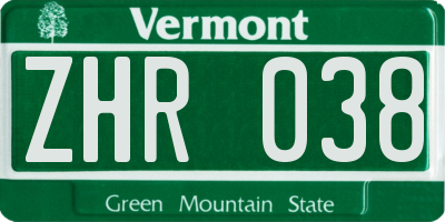 VT license plate ZHR038