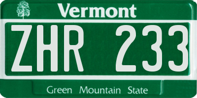 VT license plate ZHR233
