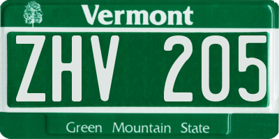VT license plate ZHV205