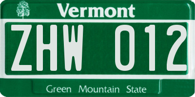 VT license plate ZHW012