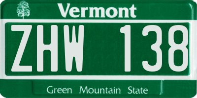VT license plate ZHW138