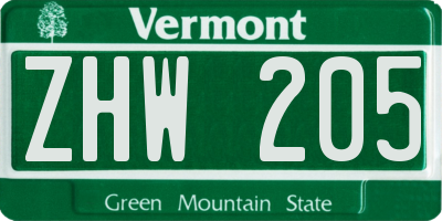 VT license plate ZHW205