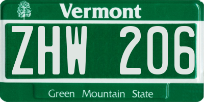 VT license plate ZHW206
