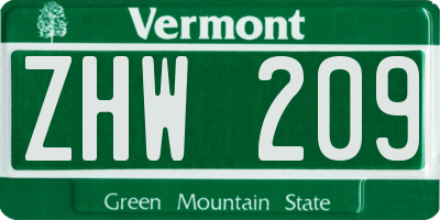 VT license plate ZHW209