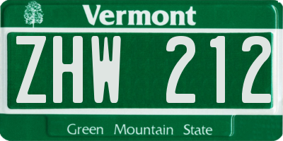 VT license plate ZHW212