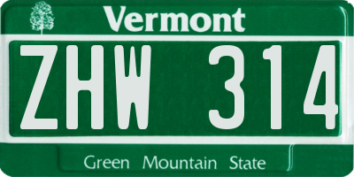 VT license plate ZHW314