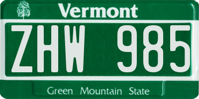 VT license plate ZHW985