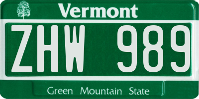 VT license plate ZHW989