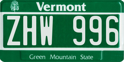 VT license plate ZHW996