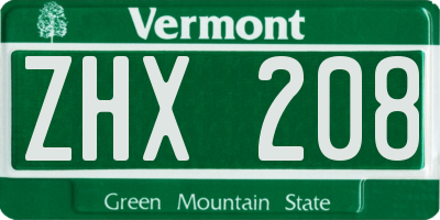 VT license plate ZHX208