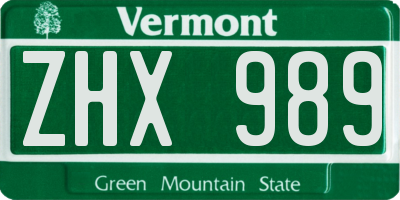 VT license plate ZHX989