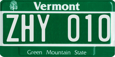 VT license plate ZHY010