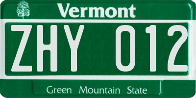 VT license plate ZHY012