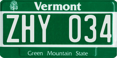 VT license plate ZHY034