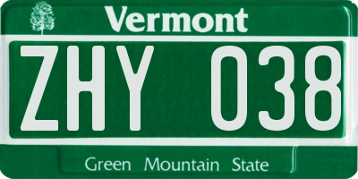 VT license plate ZHY038