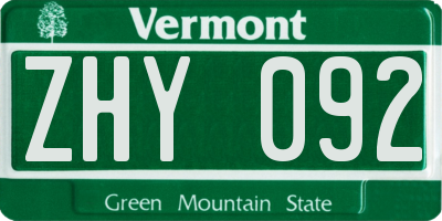VT license plate ZHY092