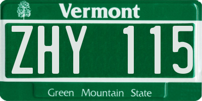 VT license plate ZHY115