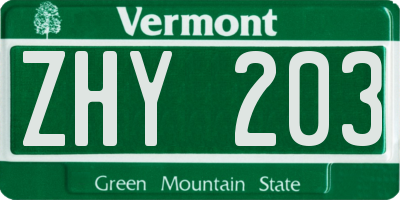 VT license plate ZHY203