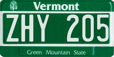 VT license plate ZHY205