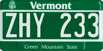 VT license plate ZHY233