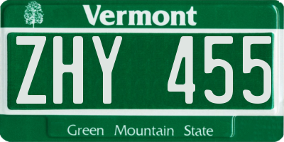 VT license plate ZHY455