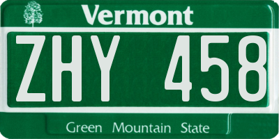 VT license plate ZHY458